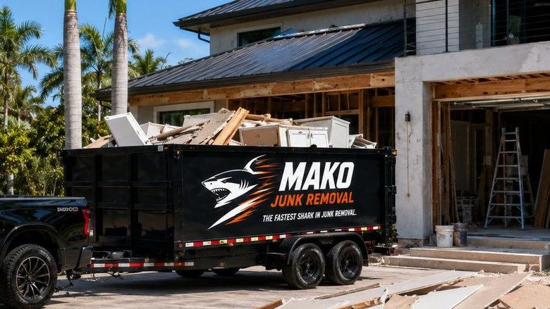 Mako Junk Removal trailer loaded with construction and renovation debris