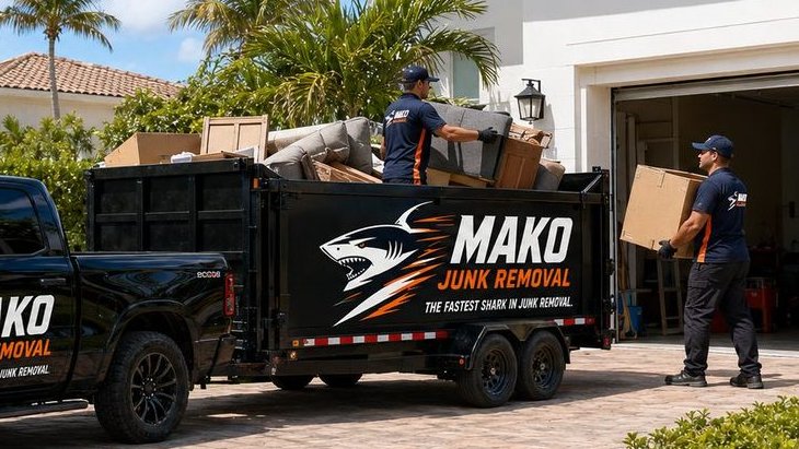 Mako Junk Removal crew loading furniture and boxes into the trailer at a home